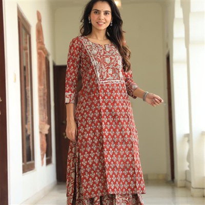 Rust Floral Hand Block Printed Cotton Ethnic Ensemble
