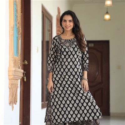Beige Leaf Motif Cotton Kurta Skirt Set
