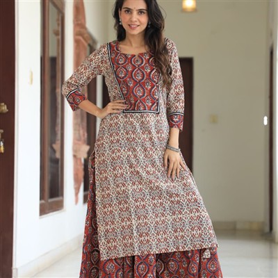 Rust Red Floral Block Print Cotton Ethnic Set