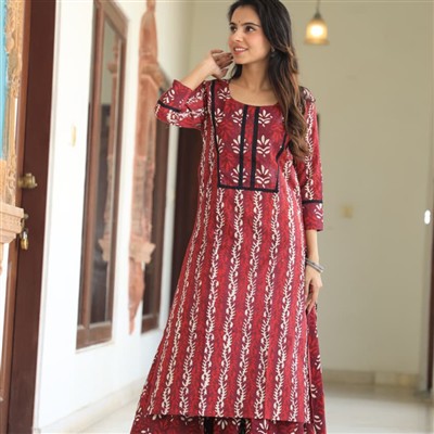 Hand Block Printed Crimson Cotton Ethnic Kurta Palazzo Set