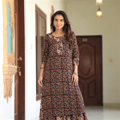 Hand Block Printed Beige Floral Cotton Ethnic Ensemble