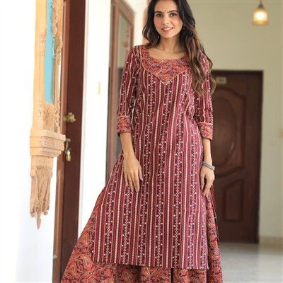 Sunset Maroon Hand Block Printed Cotton Kurti and Skirt Set
