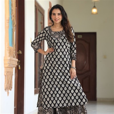 Handcrafted Beige Leaf Motif Cotton Kurta and Skirt Set