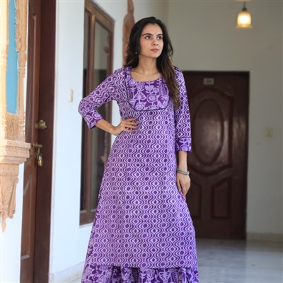 Lavender Wave Hand Block Printed Cotton Ethnic Kurta & Palazzo Set