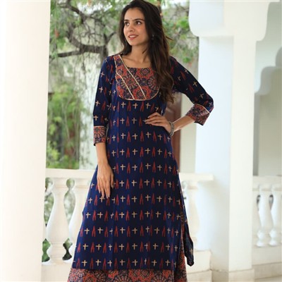 Hand Block Printed Navy Blue Cotton Ethnic Kurta and Skirt Set
