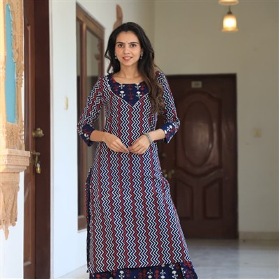 Hand Block Printed Navy Blue Zigzag Long Kurta and Floral Skirt Set