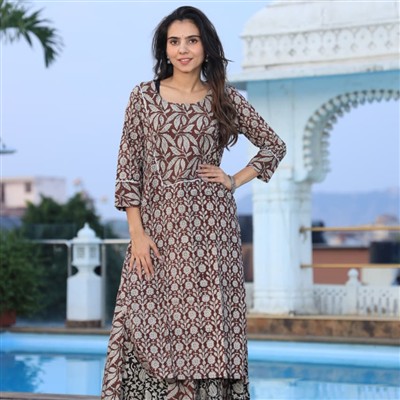 Cream Floral Hand Block Printed Cotton Ethnic Kurti and Skirt Set
