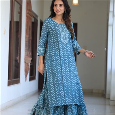 Indigo Floral Hand Block Printed Cotton Kurta & Skirt Set