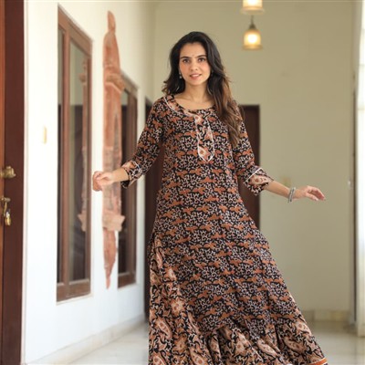 Hand Block Printed Beige Floral Cotton Long Kurti with Contrast Cuff Design
