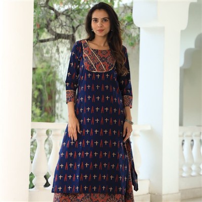 Hand Block Printed Navy Blue Kurta and Skirt Set with Orange and Beige Motifs