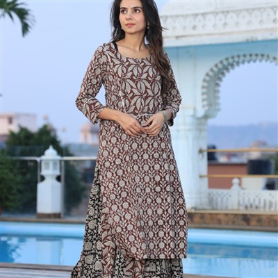 Handcrafted Ivory Floral Cotton Kurta & Black Skirt Set