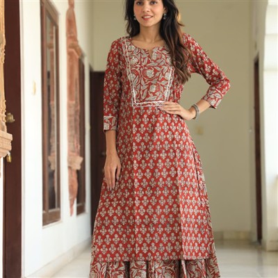 Rustic Floral Hand Block Printed Cotton Kurta and Skirt Set