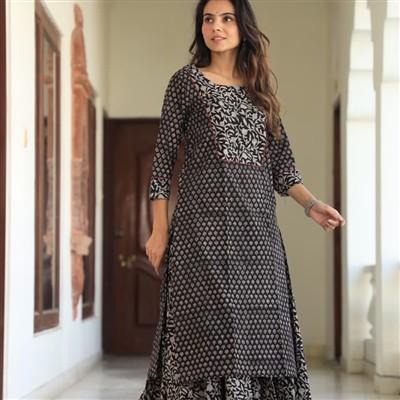 Hand Block Printed Black Floral Cotton Kurta and Skirt Set