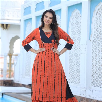 Black Accented Orange Tie-Dye Cotton Set