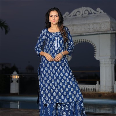 Indigo Leaf Hand Block Printed Cotton Ethnic Kurta and Palazzo Set
