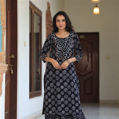 Hand Block Printed Black Swirls Cotton Ethnic Ensemble