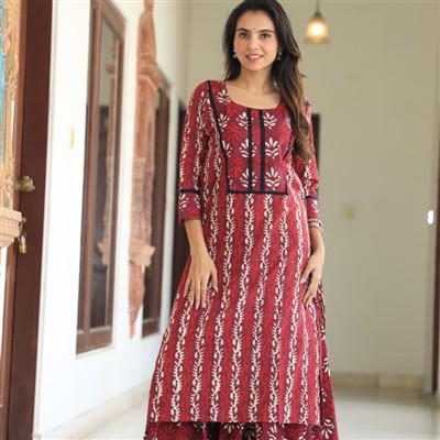 Hand Block Printed Maroon Floral Cotton Kurta Palazzo Set