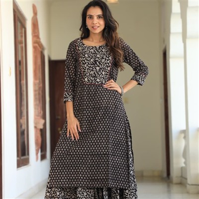 Hand Block Printed Black Floral Long Kurta and Skirt Set