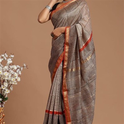 Rust-Orange Geometric Silk Saree with Golden Accents