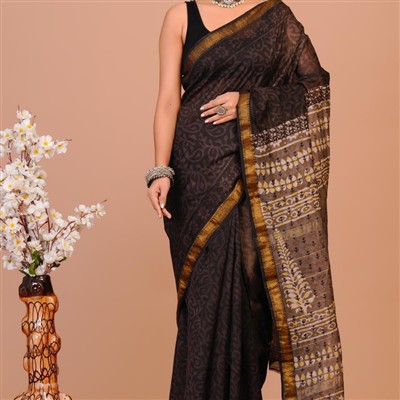 Golden Border Maheshwari Silk Saree in Black and Beige Print