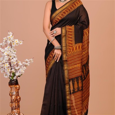 Maheshwari Silk Geometric Border Saree in Black and Gold