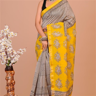 Sunshine Symphony Cotton Saree with Paisley Elegance