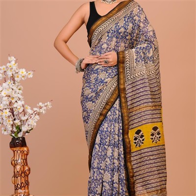 Azure Floral Bliss Cotton Saree