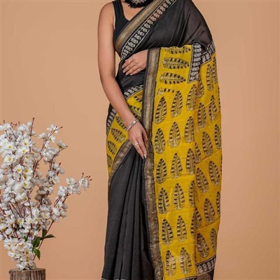 Golden Mustard Leaf Motif Cotton Saree