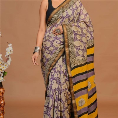 Mustard Paisley Silk Saree with Beige Floral Border