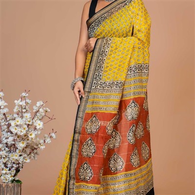Orange Blossom Hand Block Printed Maheshwari Silk Saree