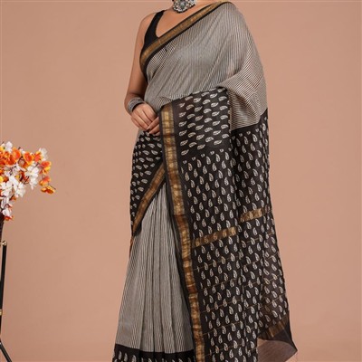Monochrome Striped Maheshwari Silk Saree with Leaf Motifs