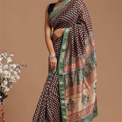 Golden Floral Maheshwari Silk Saree