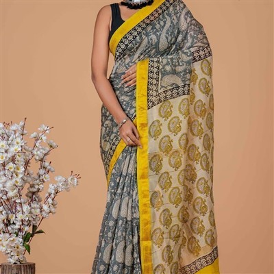 Cream and Grey Maheshwari Silk Saree with Yellow Paisley Border