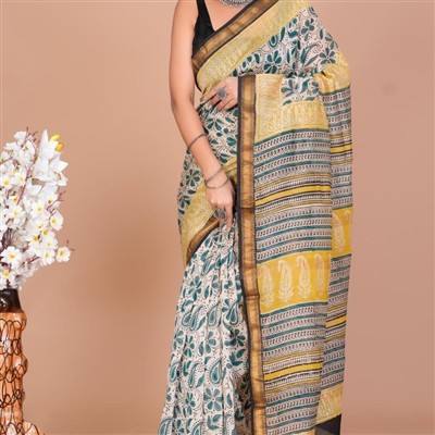 Teal Green Floral Maheshwari Silk Saree with Yellow and Black Borders