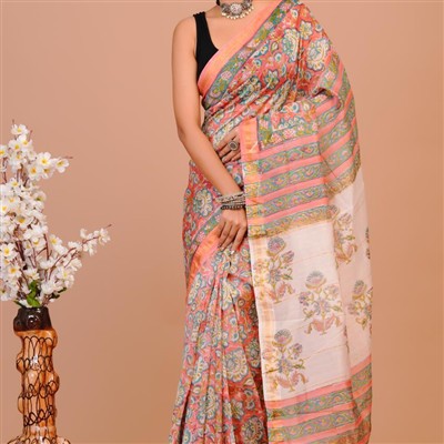 Peach Blossom Maheshwari Silk Saree with Green Paisley Print and Cream Pallu