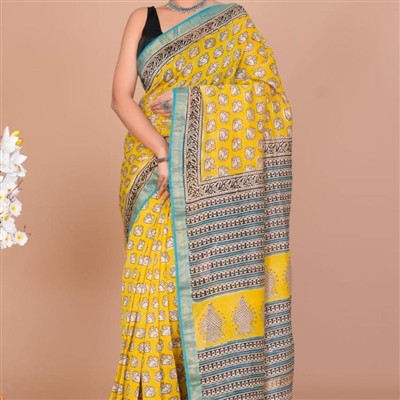 Sunshine Bloom Hand Block Printed Maheshwari Silk Saree