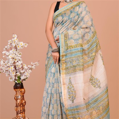 Creamy Floral Maheshwari Silk Saree with Ornate Yellow Borders