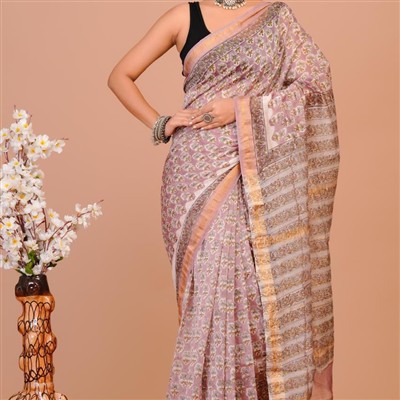 Golden Paisley Silk Saree with Lavender Blooms