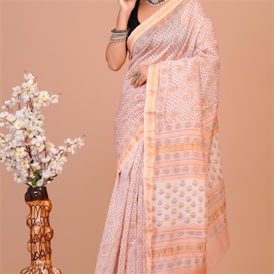 Peach Blossom Geometric Cotton Saree