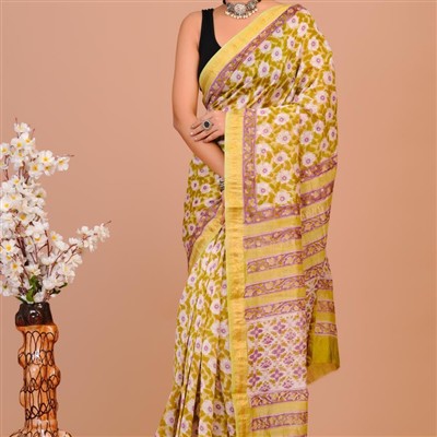 Golden Olive Hand Block Printed Maheshwari Silk Saree
