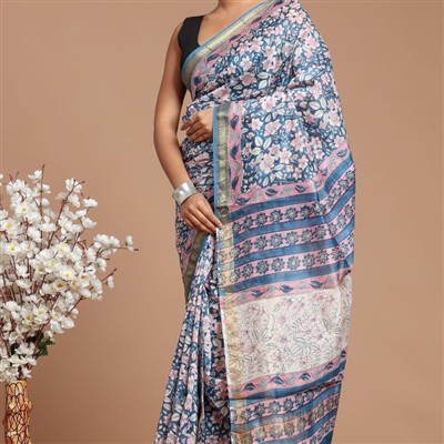 Floral Bliss Hand Block Printed Silk Saree