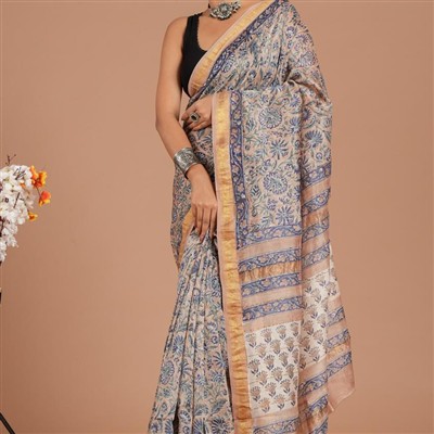 Hand Block Printed Maheshwari Silk Saree in Beige and Peach with Golden-Beige Border