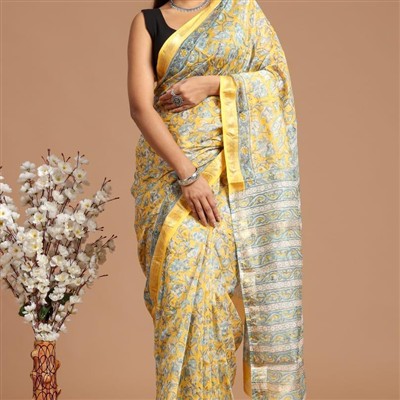 Golden Mustard Maheshwari Silk Saree with Silver Floral Patterns