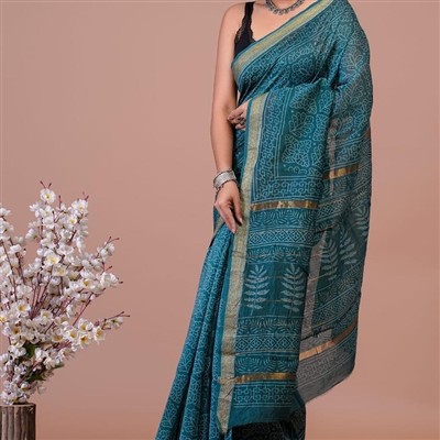 Teal Blue Maheshwari Silk Saree with Golden Floral Border