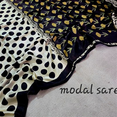 Sunflower Bloom Modal Silk Saree with Polka Dot Border