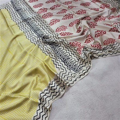 Golden Cream & Yellow Checkered Modal Silk Saree with Zigzag Border Detailing