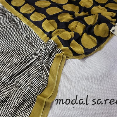 Mustard & Black Polka Dot Checkered Modal Silk Saree