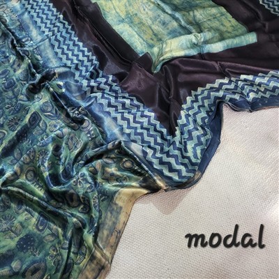 Oceanic Waves Handblock Modal Silk Saree with Floral Zigzag Motifs