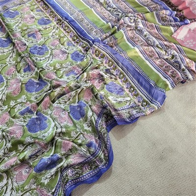 Emerald Blossom Floral Silk Modal Saree with Geometric Accents