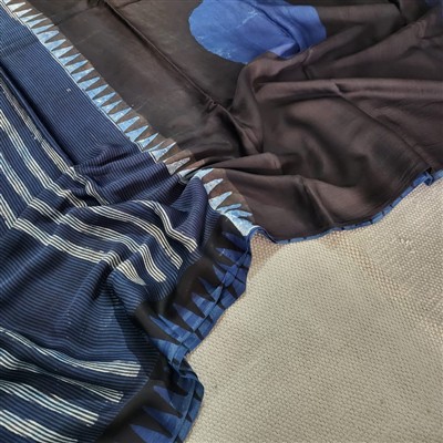 Indigo Harmony Striped Modal Silk Saree with Blue Triangular Accents